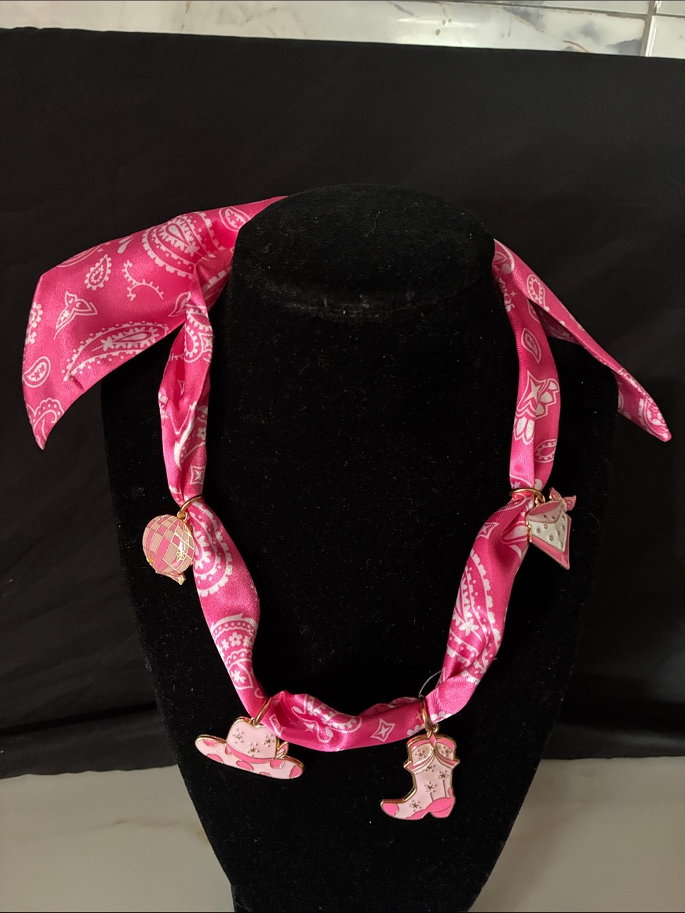 Necklace Scarf Hot Pink Paisley Bandana with Western Charms